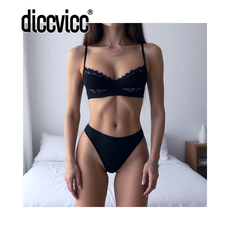 Diccvicc Lingerie Sexy Two Pieces Contrast Color Patchwork Sheer Lace Bra Satin Panty Set Daring Underwear Exotic Intimate Wear