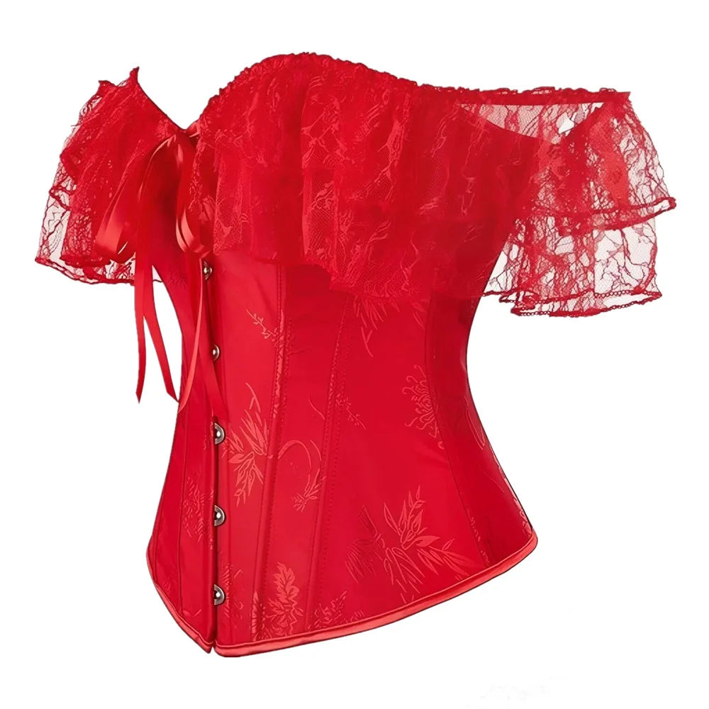 Women Sky Blue Retro Jacquard Corset Tops Lace Short Sleeved One Shoulder Sexy Slimming Shaper Overbust Bustiers Lingerie