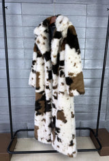 ZADORIN 130cm Long Thicken Lapel Cow Print White Brown Faux Fur Coat Woman Clothing Luxury Fluffy Jacket Winter Fur Coats Woman