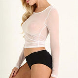Sexy Women T Shirt See Through Mesh Black Long Sleeve Bodysuit Sheer Slim Turtleneck Tulle Crop Top T-Shirt Transparent Clubwear
