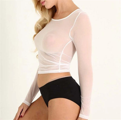 Sexy Women T Shirt See Through Mesh Black Long Sleeve Bodysuit Sheer Slim Turtleneck Tulle Crop Top T-Shirt Transparent Clubwear