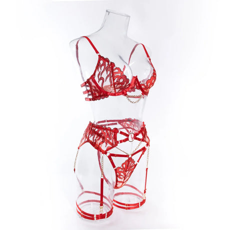 Red Bondage Lingerie Set Women Gold Chain Lace Harness Unlined Underwire Bra Garter Belt Thigh Rings Gothic Punk Exotic Apparel