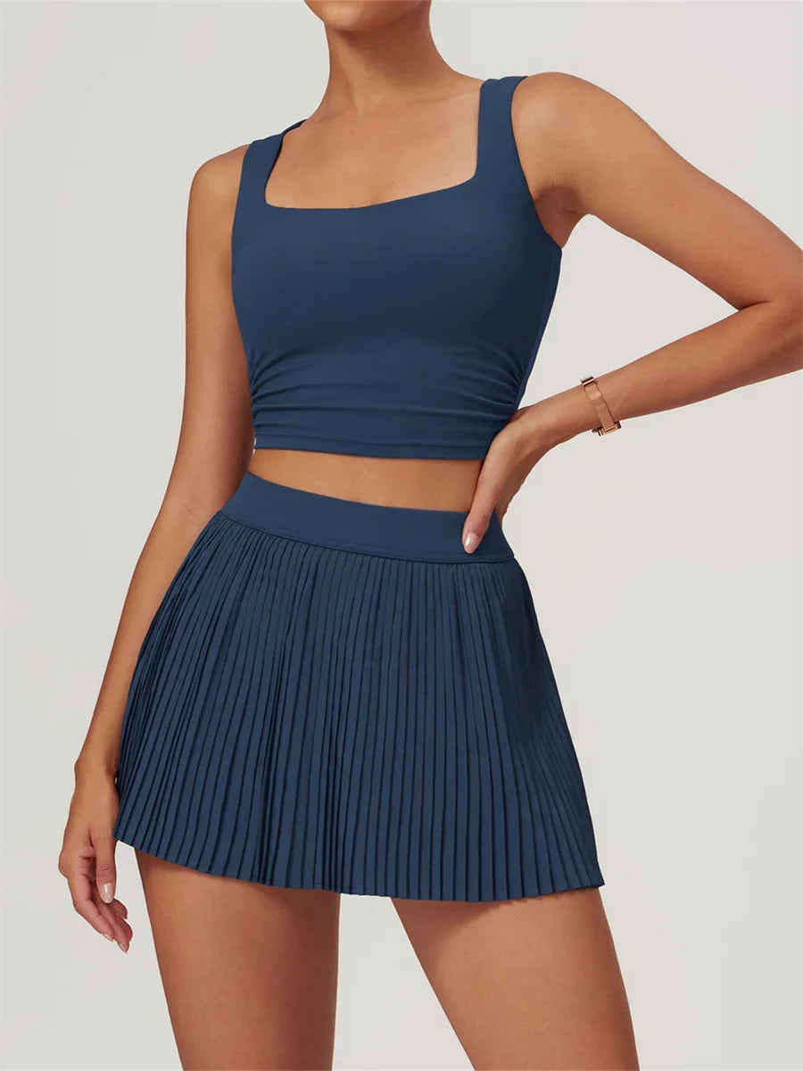 2-Piece Yoga Tennis Skirt Set Gym Outdoor Bra Crop Top High Waist Fitness Skirt Suit Women's Golf Dance Badminton Sport Shorts