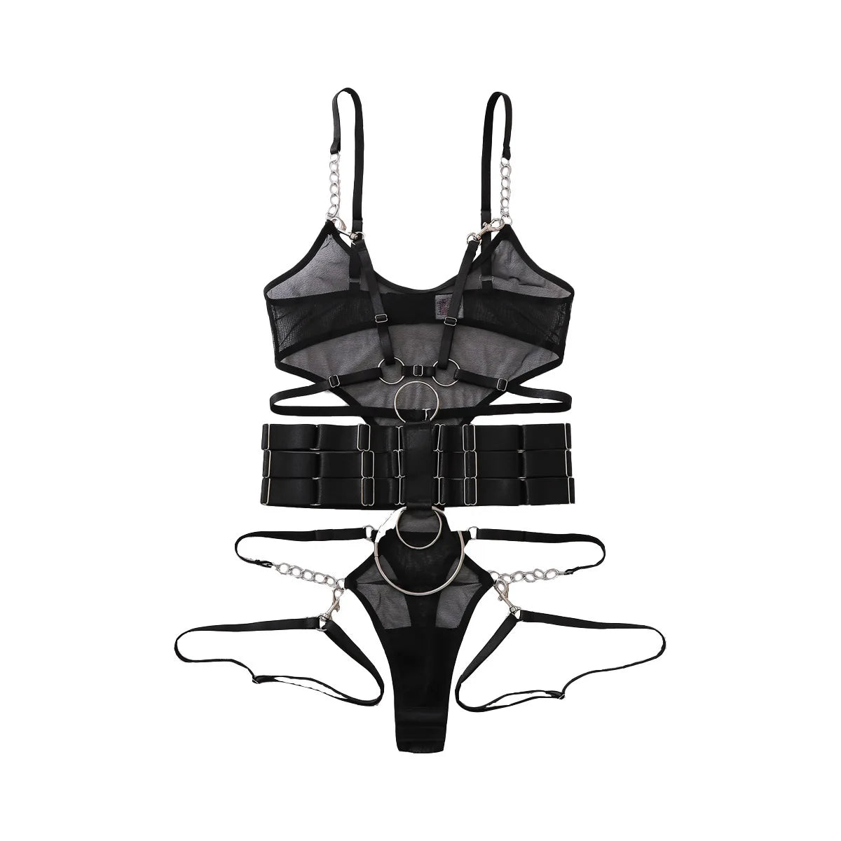 Edgy Cutout Sheer Mesh Lingerie  Statement-Making Bondage Belt Bodysuit Set Adult Shapewear Collection  LG-0068