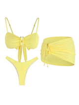 Butter Yellow 3 Piece Bikini Drawstring Ruffle Swimsuit U Neck Bathing Suit with Mini Skirt Cover Up Beach Vacation Outfit K246