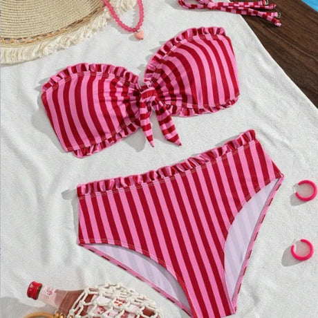 Strapless Bikini Set Women Striped Ruffle Bow Front Padded Top High Waist Briefs Two Piece Swimwear Beach Swimsuit Bikini Set