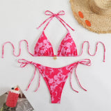 Blue Floral Print Swimwear Halter String Triangle Bikini Micro Mini Thong Sexy Swimsuit Women 2026 Bather Biquinis Bikinis Sets