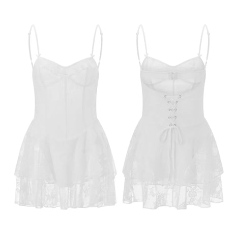 Summer Women Spaghetti Strap Corset Dress Sleeveless Bandage Lace Ruffle Bodysuits Dress Club Party Sexy Dresses