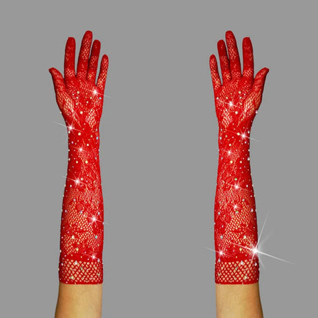 Sexy Elastic Mesh Gloves With Colored Flash Diamonds Bungee Stage Performance Hollow Fishing Net Punk Hiphop Women's Gloves R51