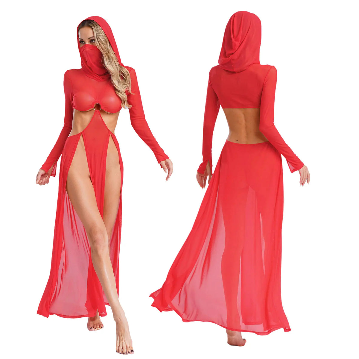 Women Wet Look Mesh Maxi Dress with Hooded Cosplay Sexy High Slit Lingerie Face Mask Long Sleeves Hollow Out Sheer Nightdress