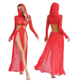 Women Wet Look Mesh Maxi Dress with Hooded Cosplay Sexy High Slit Lingerie Face Mask Long Sleeves Hollow Out Sheer Nightdress