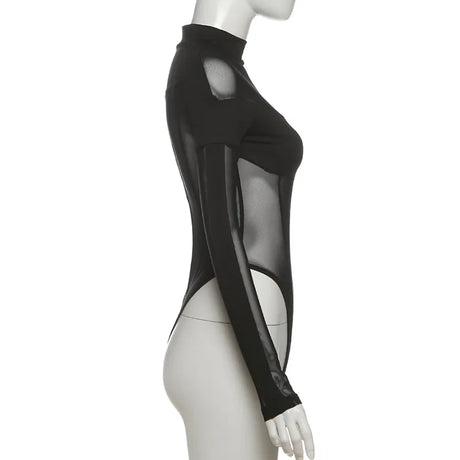 Sexy See Through Bodysuit Women Dark Gothic Streetwear Emo Alternative Grunge Y2k Long Sleeve O-neck High Waist Jumpsuit