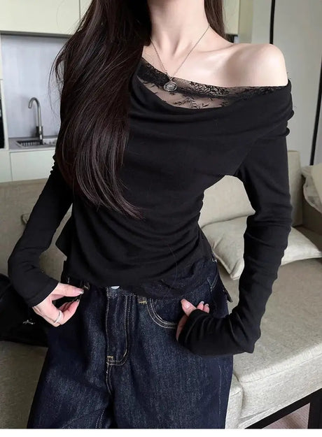Lace Splice Asymmetrical Shoulder Long Sleeve T-Shirt Women's Slim Fit White Top for Autumn Winter Commute Casual Wear