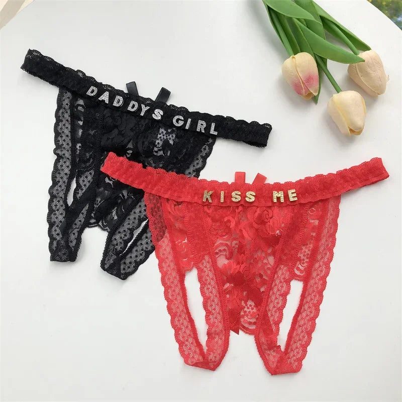 Customized Crystal Name Letters Women's Sexy Breathable Lace Underwear Low Waisted Opening Thong Bikini Erotic G-String Panties