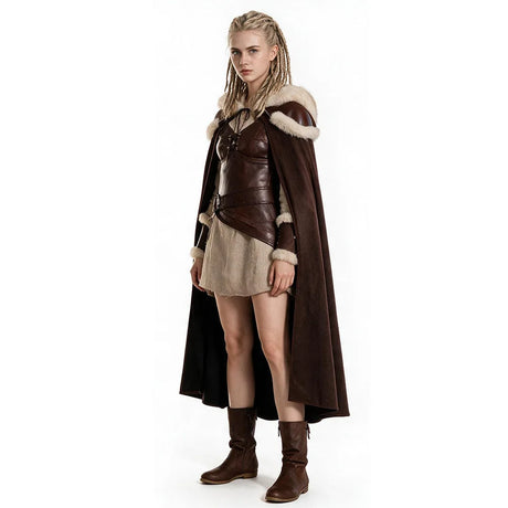 Women New Viking Barbarian Cape Goddess Warrior Plush Cape Retro Plush-Trimmed Hooded Cloak Set Medieval Retro Halloween Costume