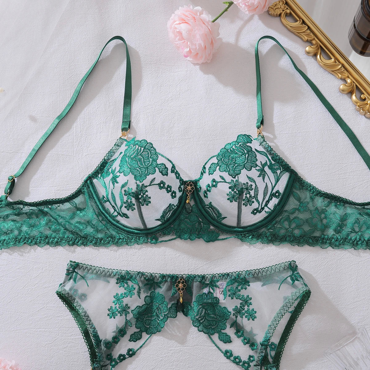 Heavy industry embroidery sequin red slim fit perspective high-end splicing gemstone decoration sexy lingerie four piece set
