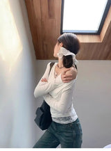 Lace Splice Asymmetrical Shoulder Long Sleeve T-Shirt Women's Slim Fit White Top for Autumn Winter Commute Casual Wear
