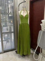 Elegant Women's Halter Long Dress Corset Pleated Dresses Evening Party Formal Wedding Guest Green Graduation Bridesmaid Gown New