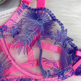 Pink Fancy Lingerie Floral Luxury Lace See Through Underwear Sensual Garter Belt Set Contrast Color Fairy Outfit