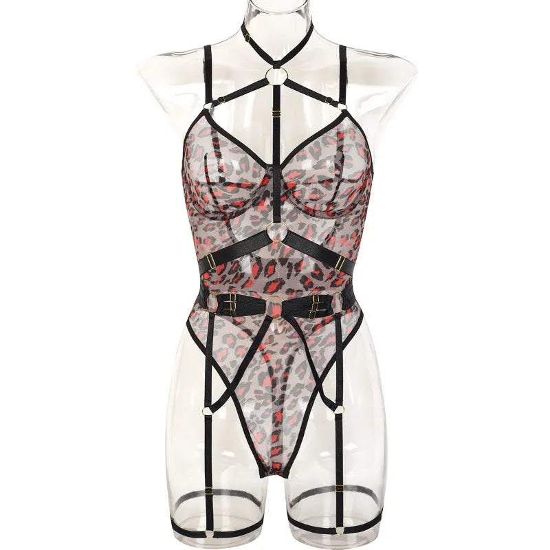 Leopard Print Strappy Bodysuit Blue Caged Harness Lingerie Sexy Mesh Sheer Teddy Underwire Erotic Lenceria Mujer