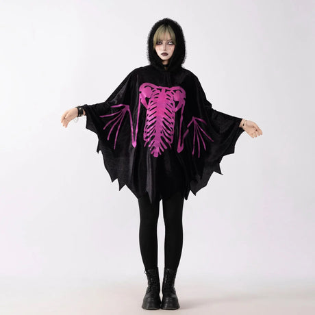 2025 New Halloween Costume for Women - Sexy Skeleton Print Cloak Outfit with Dress Set for Party Cosplay Haunted House Costume