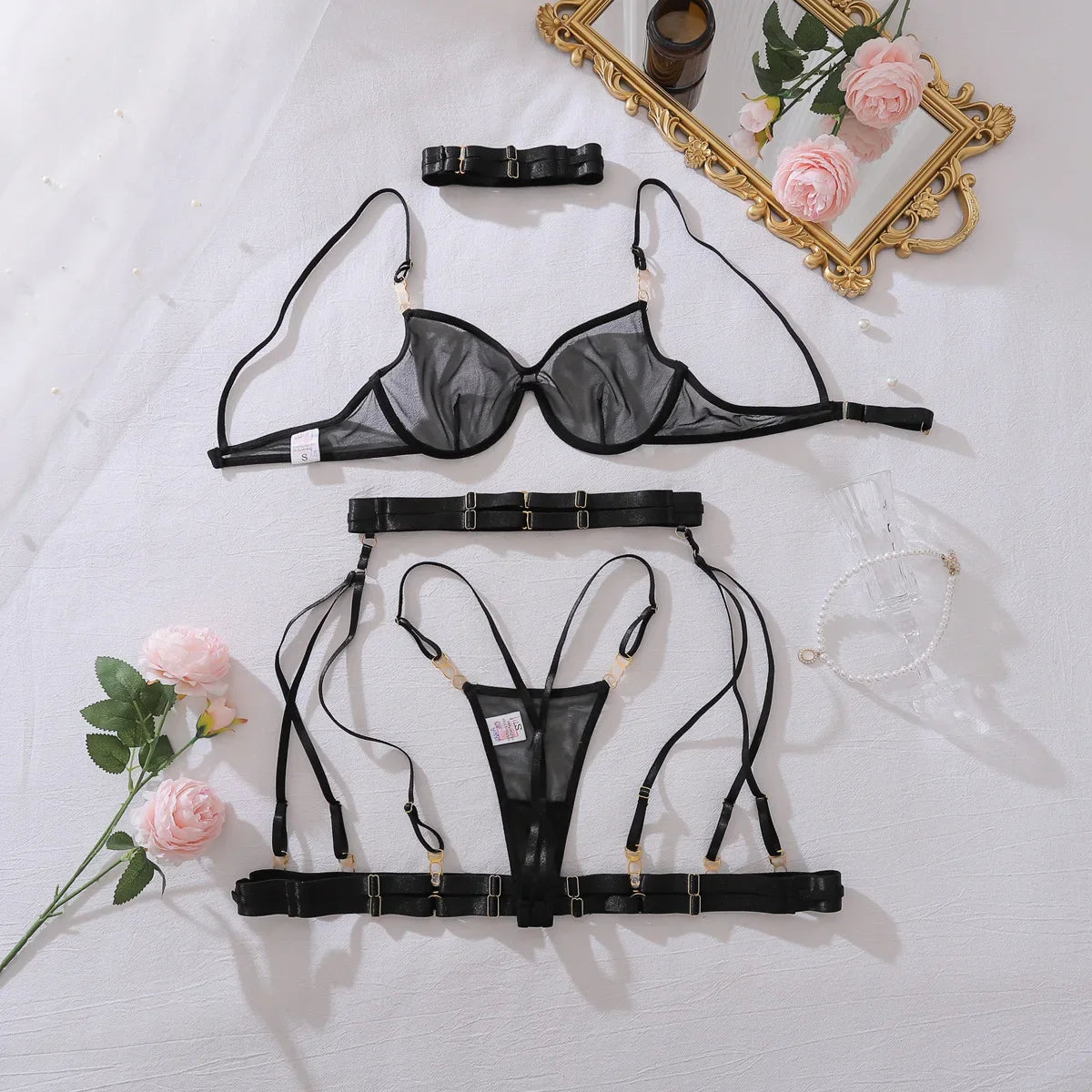 2026 Fashion Heavy Crafted Metal Decorative Lingerie Set with Buckle Women Mesh Transparent Bra Lady Sexy Body Shaping Underwear