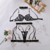 2026 Fashion Heavy Crafted Metal Decorative Lingerie Set with Buckle Women Mesh Transparent Bra Lady Sexy Body Shaping Underwear