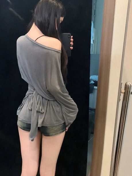 See Through Long Sleeve Oversize T Shirt Women Sexy Back Bandage Off Shoulder Top Female Basic Long Tees Korean Chic Lady New