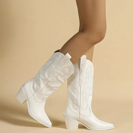 White Cowgirl Western Boots Embroidery Cowboy Boots for Women 2026 Brand Fashion Chunky Heeled Women Mid-Calf Boots Shoes Comfy