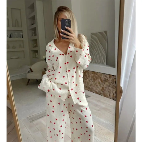 Summer New Love Heart Print Pyjama 100% Cotton Long Sleeve Set 2Pcs Outfit Lapel Sleepwear Button Down Women's Pajamas Nightwear