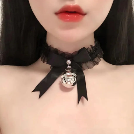 Gothic Lace Bow Bell Pendant Necklace with Butterfly Necklace Cute Collar for Women Fashion Jewelry Accessories Goth Necklace
