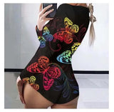 Sexy Pyjama Women's Long Sleeves Homewear Suit Button-Down Front Back Butt Bum Open Ass Flap Jumpsuit Loungewear Christmas Print