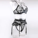 Krasapt Black Bow Embroidery See-Through Woman Lingerie 3Pcs Sexy Romantic Female Bra And Panty Garters Sets Exotic Onlyfans Kit