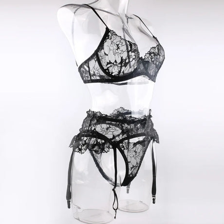 Krasapt Black Bow Embroidery See-Through Woman Lingerie 3Pcs Sexy Romantic Female Bra And Panty Garters Sets Exotic Onlyfans Kit