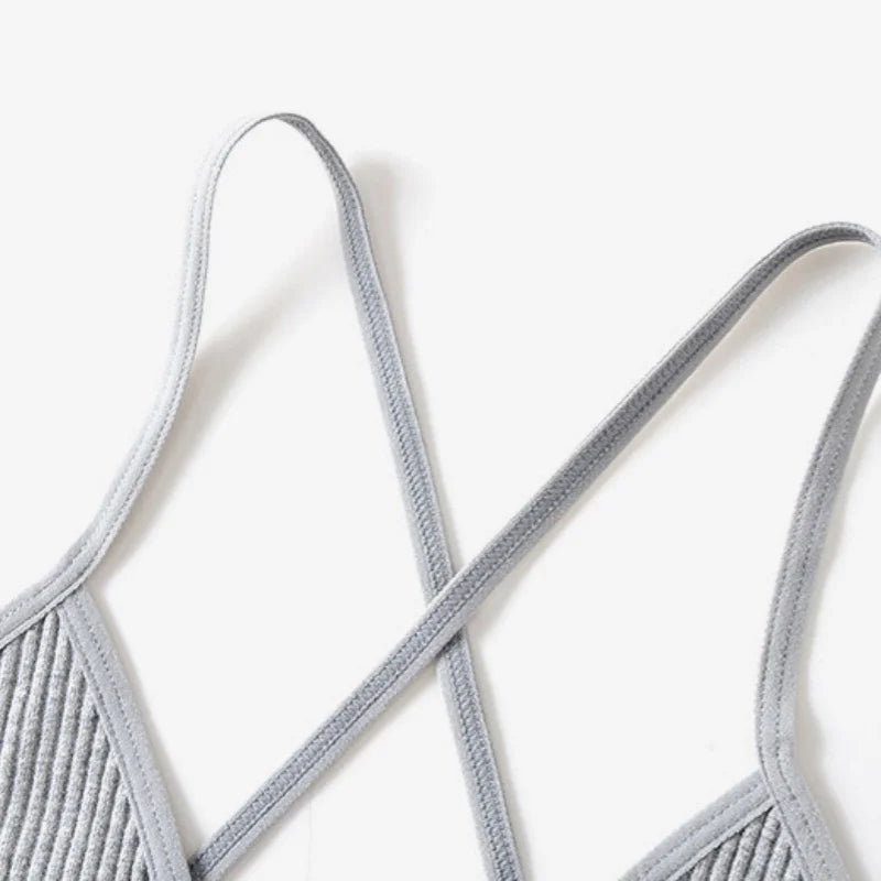 2Pcs/Set Ribbed Cross Back Triangle Bralette Set Women Spaghetti Strap Breathable Daily Bra Wireless Casual Daily Lingerie S-L