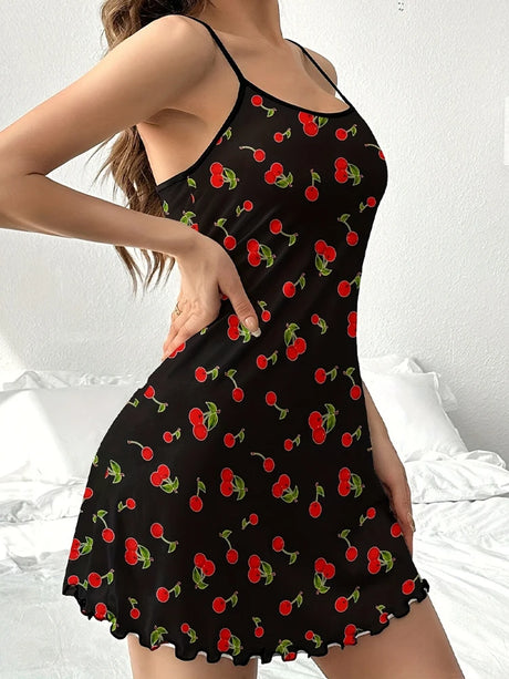 Summer Women Satin Sleepdress Cute Teddy Bear Butterfly Heart Floral Pinting Sleepwear Ladies Sexy Sling Ruffled Hem Loungewear
