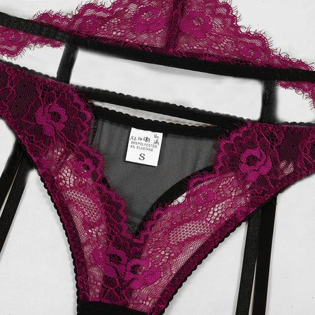 Eyelash Lace 3Pcs Lingerie Set Women Underwire Push Up Sheer Mesh Bra Hollow Strap Garter Belt Thigh Rings Valentine Honeymoon