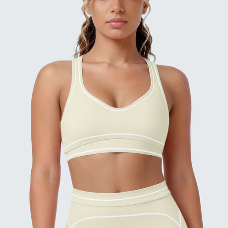Women's Yoga Bra Vest Fitness Tank Running Workout Gym Top Push Up Padded Soft Slim Contrast Piping Racerback Sports Underwear