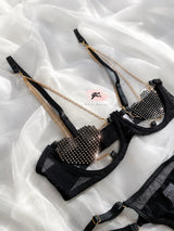 Women Red Rhinestone Heart Lingerie Set with Underwire Bra High Waist Garter Belt Thong and Long Gloves Party Outfit