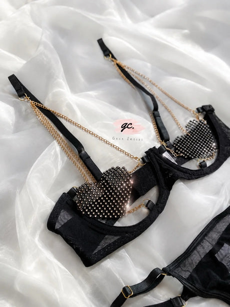 Women Red Rhinestone Heart Lingerie Set with Underwire Bra High Waist Garter Belt Thong and Long Gloves Party Outfit