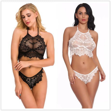 Sexy Lace Lingerie Set See Through Mesh Babydoll for Women Open Cup Erotic Sleepwear with Garter Black