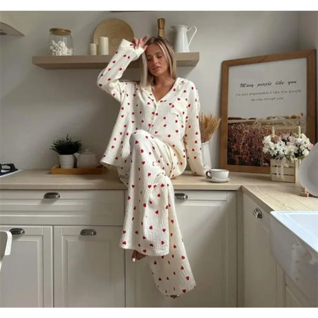 Summer New Love Heart Print Pyjama 100% Cotton Long Sleeve Set 2Pcs Outfit Lapel Sleepwear Button Down Women's Pajamas Nightwear