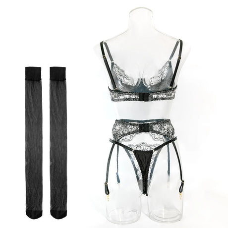 Wedding Night Gift 3 Piece Black Lace Lingerie Set for Women Bra with Garter Belt and Thong Sexy Bridal Underwear