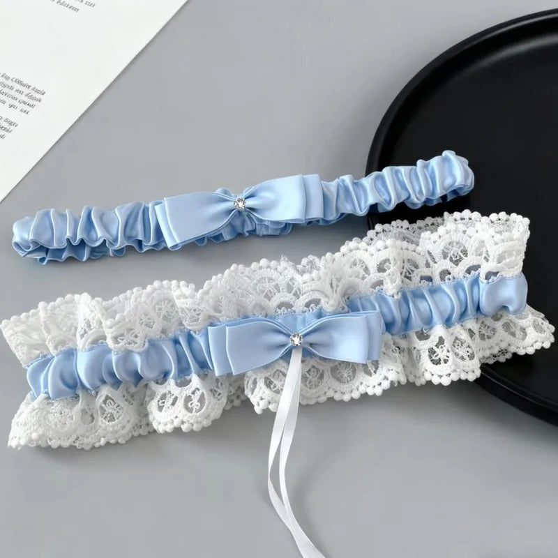 Women Lace Bow Silky Smooth Satin Elastic Thigh Strap Garter Belt Sexy Thigh Bands Party Bride Leg Garter Cosplay Tea Time