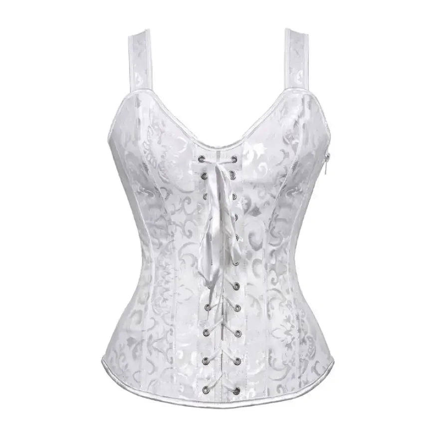 Gothic Corset Top With Straps Sexy Floral Zipper Brocade Overbust Lingerie Burlesque Body Shaper Lace Up Bustier Plus Size