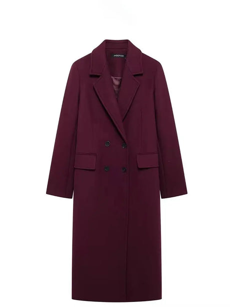 HH Women Fashion Burgundy Coat Double Breasted Long Sleeve Lapel Blends Jacket Autumn Winter High Street Outerwear