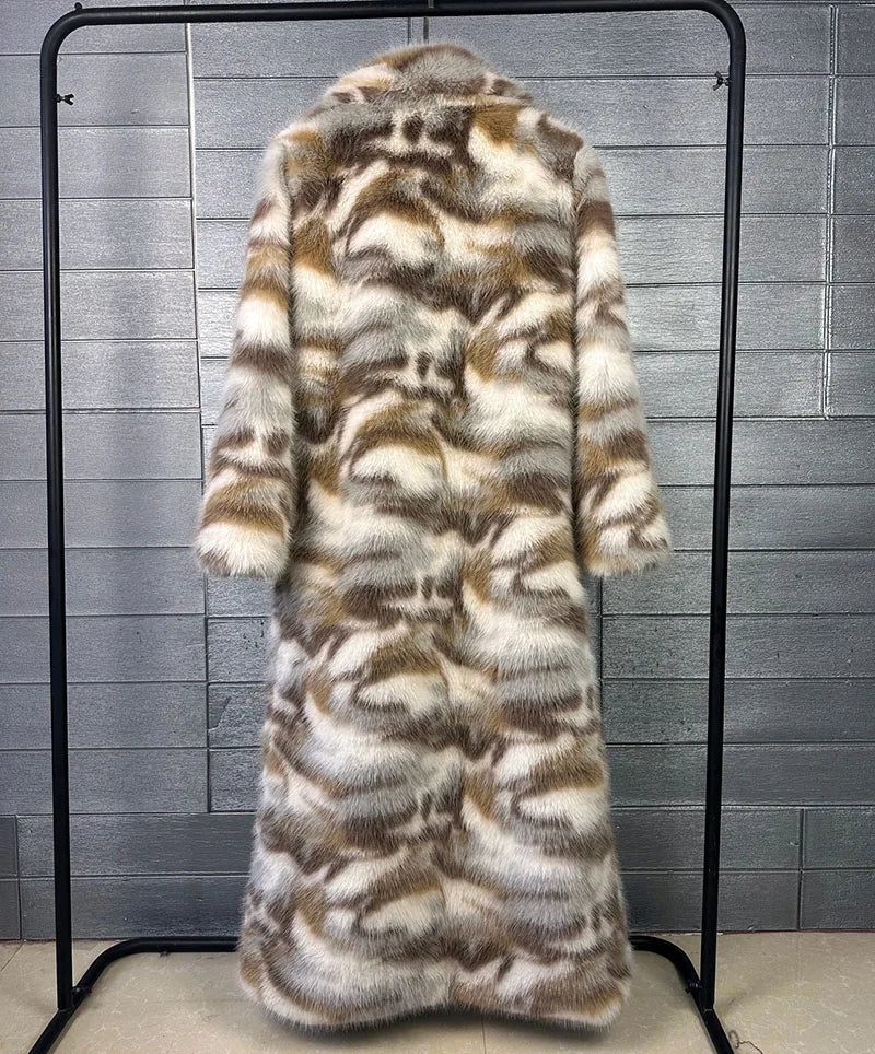 ZADORIN 130cm Long Thicken Lapel Cow Print White Brown Faux Fur Coat Woman Clothing Luxury Fluffy Jacket Winter Fur Coats Woman