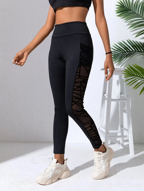 Side Mesh Yoga Women's Leggings Black Fabric Patchwork High Waist Soft Comfortable Gym Fitness Sportswear Long Pants