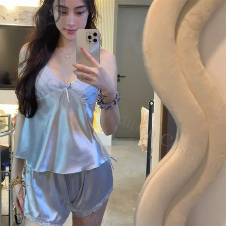 2025 Summer New Cami Top&shorts Sexy Lace Trim Pajamas Nightwear Lady's Lingerie Attractive Pijamas Backless Home Clothes