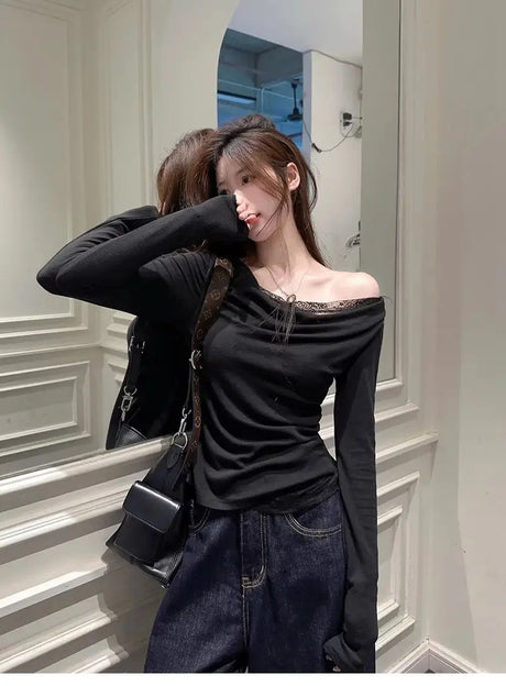 Lace Splice Asymmetrical Shoulder Long Sleeve T-Shirt Women's Slim Fit White Top for Autumn Winter Commute Casual Wear